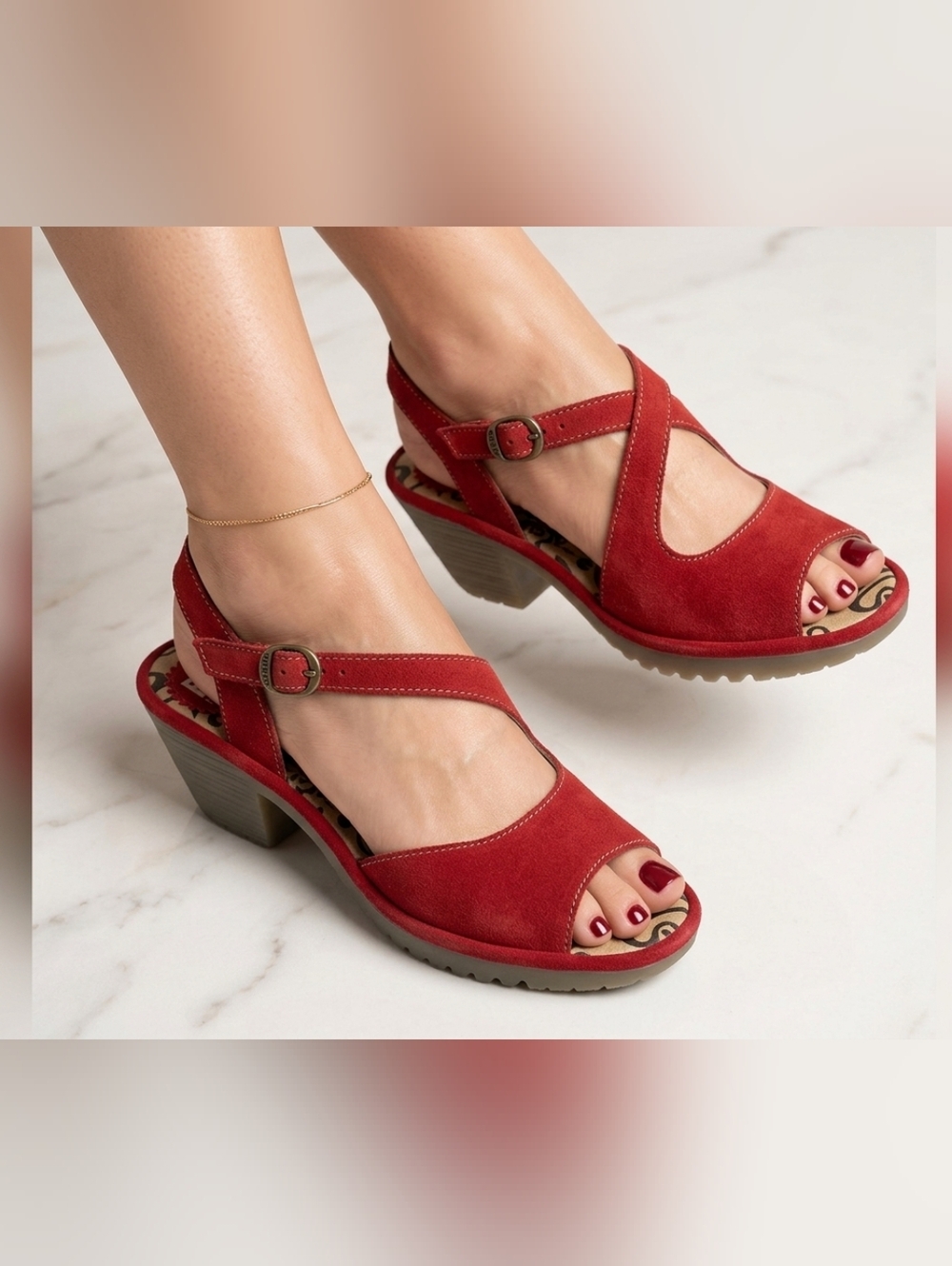 Fly London Red Open-Toe Slingback Heels with Buckle